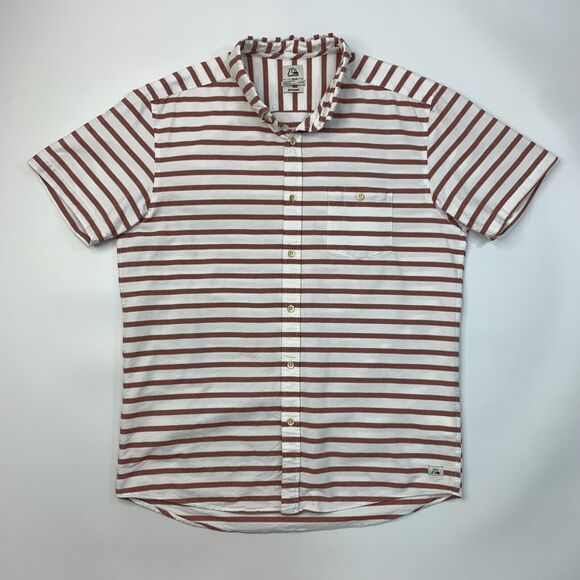 Quiksilver Shirt Mens L Large Modern Fit Red Stripe Short Sleeve Button Down - Picture 2 of 12
